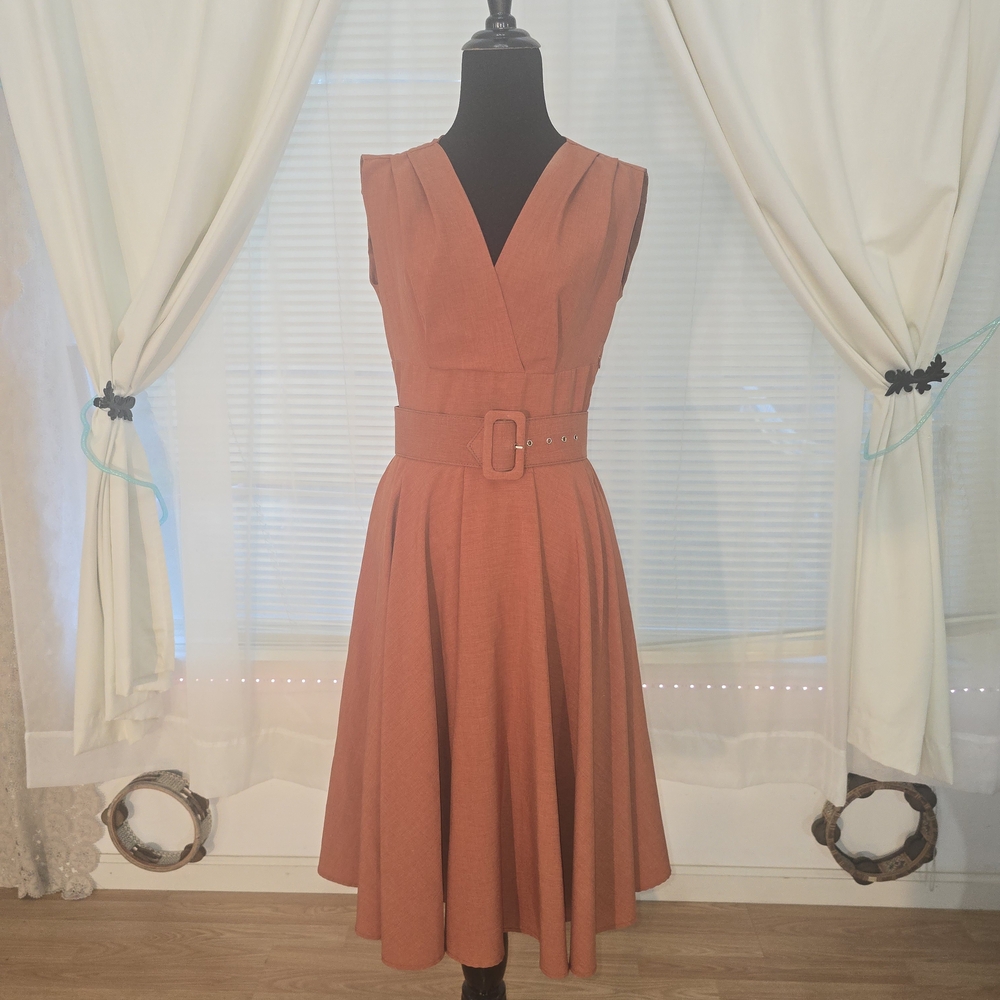 Heartbreaker Fashion Rust Colored Soft Cotton Pinup Solid Dress With Belt S